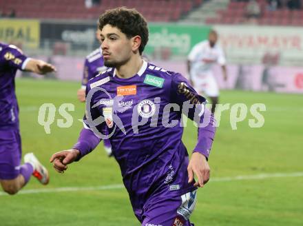 Fussball Bundesliga. SK Austria Klagenfurt gegen GAK. Torjubel Ben Bobzien  (Klagenfurt). Klagenfurt, am 22.2.2025.
Foto: Kuess
---
pressefotos, pressefotografie, kuess, qs, qspictures, sport, bild, bilder, bilddatenbank