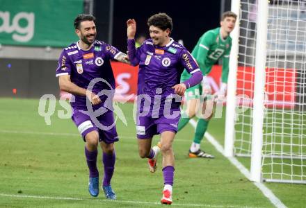 Fussball Bundesliga. SK Austria Klagenfurt gegen GAK. Torjubel  Kosmas Gkezos, Ben Bobzien  (Klagenfurt). Klagenfurt, am 22.2.2025.
Foto: Kuess
---
pressefotos, pressefotografie, kuess, qs, qspictures, sport, bild, bilder, bilddatenbank