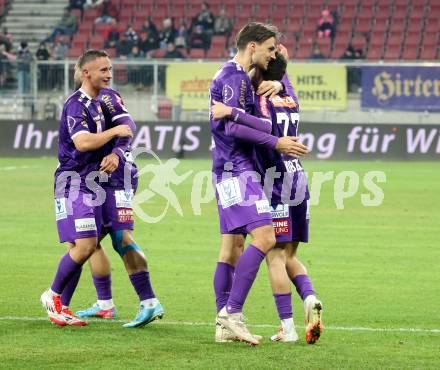 Fussball Bundesliga. SK Austria Klagenfurt gegen GAK. Torjubel  Thorsten Mahrer, Ben Bobzien  (Klagenfurt). Klagenfurt, am 22.2.2025.
Foto: Kuess
---
pressefotos, pressefotografie, kuess, qs, qspictures, sport, bild, bilder, bilddatenbank