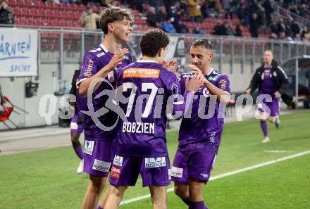 Fussball Bundesliga. SK Austria Klagenfurt gegen GAK. Torjubel Matte Kitz, Ben Bobzien, Tobias Koch  (Klagenfurt). Klagenfurt, am 22.2.2025.
Foto: Kuess
---
pressefotos, pressefotografie, kuess, qs, qspictures, sport, bild, bilder, bilddatenbank