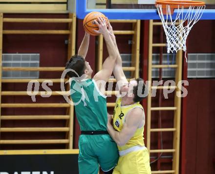 Basketball 2. Liga 2024/2025. Grunddurchgang 20. Runde.  Woerthersee Piraten gegen KOS.    Jan-Arne Apschner (Piraten),   Simon Siencnik (KOS). Klagenfurt, am 22.2.2025.
Foto: Kuess


---
pressefotos, pressefotografie, kuess, qs, qspictures, sport, bild, bilder, bilddatenbank