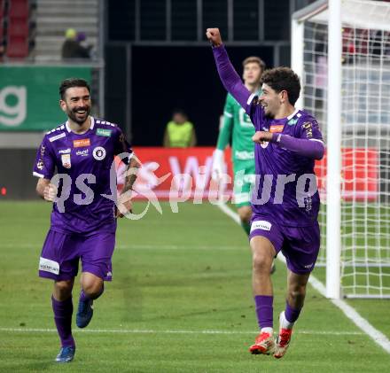 Fussball Bundesliga. SK Austria Klagenfurt gegen GAK. Torjubel  Kosmas Gkezos, Ben Bobzien  (Klagenfurt). Klagenfurt, am 22.2.2025.
Foto: Kuess
---
pressefotos, pressefotografie, kuess, qs, qspictures, sport, bild, bilder, bilddatenbank