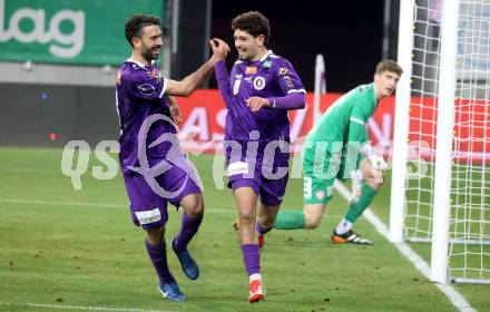 Fussball Bundesliga. SK Austria Klagenfurt gegen GAK. Torjubel  Kosmas Gkezos, Ben Bobzien  (Klagenfurt). Klagenfurt, am 22.2.2025.
Foto: Kuess
---
pressefotos, pressefotografie, kuess, qs, qspictures, sport, bild, bilder, bilddatenbank