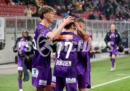 Fussball Bundesliga. SK Austria Klagenfurt gegen GAK. Torjubel Matte Kitz, Ben Bobzien, Tobias Koch  (Klagenfurt). Klagenfurt, am 22.2.2025.
Foto: Kuess
---
pressefotos, pressefotografie, kuess, qs, qspictures, sport, bild, bilder, bilddatenbank