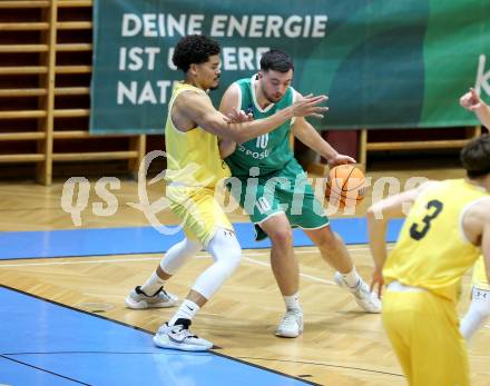 Basketball 2. Liga 2024/2025. Grunddurchgang 20. Runde.  Woerthersee Piraten gegen KOS.    Marcus Holyfield (Piraten),  Veljko Dena  (KOS). Klagenfurt, am 22.2.2025.
Foto: Kuess


---
pressefotos, pressefotografie, kuess, qs, qspictures, sport, bild, bilder, bilddatenbank