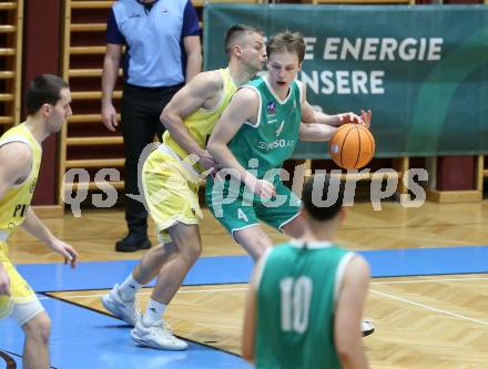 Basketball 2. Liga 2024/2025. Grunddurchgang 20. Runde.  Woerthersee Piraten gegen KOS.    Elvis Keric (Piraten),   Samuel Seher  (KOS). Klagenfurt, am 22.2.2025.
Foto: Kuess


---
pressefotos, pressefotografie, kuess, qs, qspictures, sport, bild, bilder, bilddatenbank