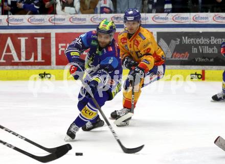 Eishockey ICE Bundesliga. VSV gegen Asiago. Alex Wall (VSV), Bryce Gianni Alcock Misley  (Asiago).  Villach, am 21.2..2025
Foto: Kuess
---
pressefotos, pressefotografie, kuess, qs, qspictures, sport, bild, bilder, bilddatenbank