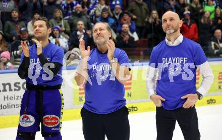 Eishockey ICE Bundesliga. VSV gegen Asiago.  John Hughes, Trainer Tray Tuomie, Co-Trainer Patrick Machreich (VSV). Villach, am 21.2..2025
Foto: Kuess
---
pressefotos, pressefotografie, kuess, qs, qspictures, sport, bild, bilder, bilddatenbank