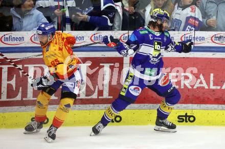 Eishockey ICE Bundesliga. VSV gegen Asiago. Alexander Rauchenwald (VSV),  Jese Antonio Magnabosco Aguirre  (Asiago).  Villach, am 21.2..2025
Foto: Kuess
---
pressefotos, pressefotografie, kuess, qs, qspictures, sport, bild, bilder, bilddatenbank