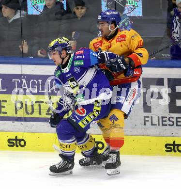 Eishockey ICE Bundesliga. VSV gegen Asiago. Benjamin Lanzinger  (VSV),  Samuele Zampieri  (Asiago).  Villach, am 21.2..2025
Foto: Kuess
---
pressefotos, pressefotografie, kuess, qs, qspictures, sport, bild, bilder, bilddatenbank