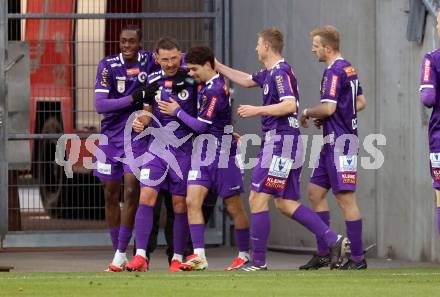 Fussball Bundesliga. SK Austria Klagenfurt gegen GAK. Torjubel Dikeni Salifou, Christopher Wernitznig, Ben Bobzien, Martin Hinteregger (Klagenfurt),. Klagenfurt, am 22.2.2025.
Foto: Kuess
---
pressefotos, pressefotografie, kuess, qs, qspictures, sport, bild, bilder, bilddatenbank