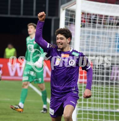 Fussball Bundesliga. SK Austria Klagenfurt gegen GAK. Torjubel   Ben Bobzien  (Klagenfurt). Klagenfurt, am 22.2.2025.
Foto: Kuess
---
pressefotos, pressefotografie, kuess, qs, qspictures, sport, bild, bilder, bilddatenbank