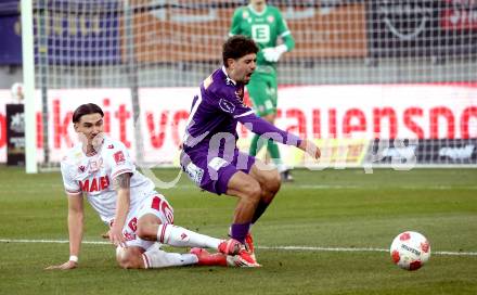 Fussball Bundesliga. SK Austria Klagenfurt gegen GAK. Ben Bobzien  (Klagenfurt).  Antonio Tikvic  (GAK).  Klagenfurt, am 22.2.2025.
Foto: Kuess
---
pressefotos, pressefotografie, kuess, qs, qspictures, sport, bild, bilder, bilddatenbank