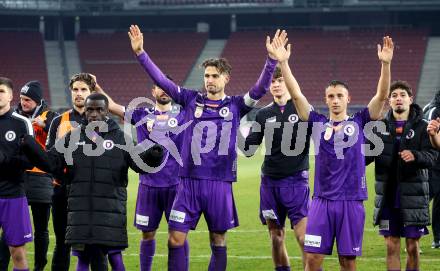 Fussball Bundesliga. SK Austria Klagenfurt gegen GAK. Jubel Solomon Bonnah, Thorsten Mahrer, Tobias Koch (Klagenfurt).  Klagenfurt, am 22.2.2025.
Foto: Kuess
---
pressefotos, pressefotografie, kuess, qs, qspictures, sport, bild, bilder, bilddatenbank