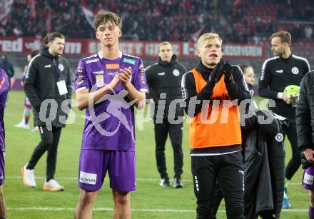 Fussball Bundesliga. SK Austria Klagenfurt gegen GAK. Matteo Kitz, Jonas KÃ¼hn (Klagenfurt).  Klagenfurt, am 22.2.2025.
Foto: Kuess
---
pressefotos, pressefotografie, kuess, qs, qspictures, sport, bild, bilder, bilddatenbank