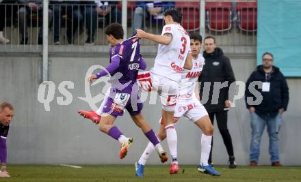 Fussball Bundesliga. SK Austria Klagenfurt gegen GAK. Ben Bobzien (Klagenfurt).  Antonio Tikvic (GAK).  Klagenfurt, am 22.2.2025.
Foto: Kuess
---
pressefotos, pressefotografie, kuess, qs, qspictures, sport, bild, bilder, bilddatenbank