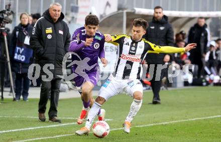Fussball Bundesliga. SK Austria Klagenfurt gegen LASK. Ben Bobzien (Klagenfurt),  Sascha Horvath (LASK).  Klagenfurt, am 2.3..2025.
Foto: Kuess
---
pressefotos, pressefotografie, kuess, qs, qspictures, sport, bild, bilder, bilddatenbank