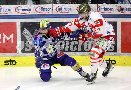 Eishockey ICE Bundesliga. VSV gegen Bozen.  Kevin Hancock (VSV), Jason Seed  (Bozen) . Villach, am 9.3.2025
Foto: Kuess
---
pressefotos, pressefotografie, kuess, qs, qspictures, sport, bild, bilder, bilddatenbank