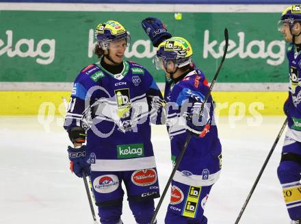 Eishockey ICE Bundesliga. VSV gegen Bozen.  Torjubel Marco Richter, Felix Maxa (VSV) . Villach, am 9.3.2025
Foto: Kuess
---
pressefotos, pressefotografie, kuess, qs, qspictures, sport, bild, bilder, bilddatenbank