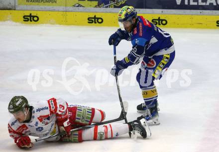 Eishockey ICE Bundesliga. VSV gegen Bozen.  Kevinn Hancock (VSV), Adam Helewka (Bozen) . Villach, am 9.3.2025
Foto: Kuess
---
pressefotos, pressefotografie, kuess, qs, qspictures, sport, bild, bilder, bilddatenbank
