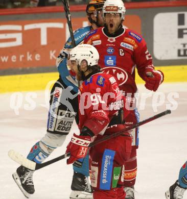 Eishockey ICE Bundesliga. KAC gegen Linz. Torjubel Daniel Obersteiner, Thomas Hundertpfund  (KAC) . Klagenfurt, am 23.3.2025
Foto: Kuess
---
pressefotos, pressefotografie, kuess, qs, qspictures, sport, bild, bilder, bilddatenbank