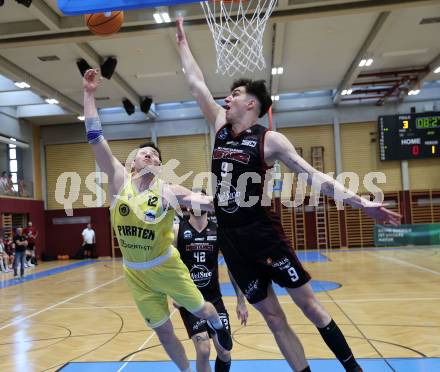 Basketball 2. Liga 2024/2025. Playoffs. F2.   Woerthersee Piraten gegen Mistelbach Mustangs   Jan-Arne Apschner (Piraten), Maximilian Girschik   (Mistelbach). Klagenfurt, am 1.5.2025.
Foto: Kuess


---
pressefotos, pressefotografie, kuess, qs, qspictures, sport, bild, bilder, bilddatenbank
