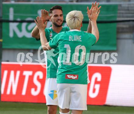 FFussball Bundesliga. SK Austria Klagenfurt gegen WSG Tirol. Torjubel Stefan Skrbo, Bror Blume (Tirol). Klagenfurt, am 10.5.2025.
Foto: Kuess
www.qspictures.net
---
pressefotos, pressefotografie, kuess, qs, qspictures, sport, bild, bilder, bilddatenbank