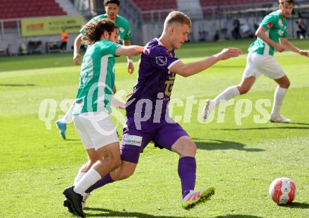 FFussball Bundesliga. SK Austria Klagenfurt gegen WSG Tirol. Nicolas Binder,   (Austria Klagenfurt),  Matthaeus Taferner, (Tirol). Klagenfurt, am 10.5.2025.
Foto: Kuess
www.qspictures.net
---
pressefotos, pressefotografie, kuess, qs, qspictures, sport, bild, bilder, bilddatenbank