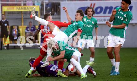 FFussball Bundesliga. SK Austria Klagenfurt gegen WSG Tirol. Christopher CVetko,  (Austria Klagenfurt),  Adam Stejskal, Valentino Mueller, Bror Blume (Tirol). Klagenfurt, am 10.5.2025.
Foto: Kuess
www.qspictures.net
---
pressefotos, pressefotografie, kuess, qs, qspictures, sport, bild, bilder, bilddatenbank