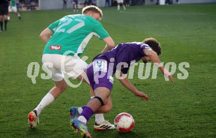 FFussball Bundesliga. SK Austria Klagenfurt gegen WSG Tirol. Ben Bobzien, (Austria Klagenfurt),  David Jaunegg  (Tirol). Klagenfurt, am 10.5.2025.
Foto: Kuess
www.qspictures.net
---
pressefotos, pressefotografie, kuess, qs, qspictures, sport, bild, bilder, bilddatenbank