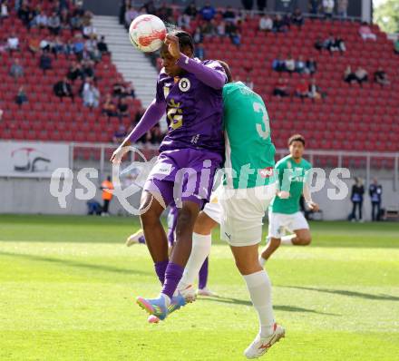 FFussball Bundesliga. SK Austria Klagenfurt gegen WSG Tirol. Dikeni Salifou,  (Austria Klagenfurt),  David Gugganig (Tirol). Klagenfurt, am 10.5.2025.
Foto: Kuess
www.qspictures.net
---
pressefotos, pressefotografie, kuess, qs, qspictures, sport, bild, bilder, bilddatenbank