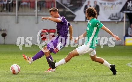Fussball Bundesliga. SK Austria Klagenfurt gegen WSG Tirol. Tobias Koch  (SK Austria Klagenfurt).Matthaeus Taferner  (Tirol). Klagenfurt, am 10.5.2025.
Foto: Kuess
www.qspictures.net
---
pressefotos, pressefotografie, kuess, qs, qspictures, sport, bild, bilder, bilddatenbank