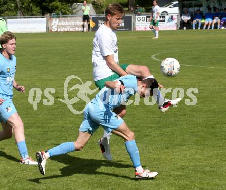 Fussball Kaerntner Liga. Bleiburg gegen Voelkermarkt. Aljaz Storman  (Bleiburg),  Lukas Urnik  (Voelkermarkt). Bleiburg, am 17.5.2025.
Foto: Kuess
---
pressefotos, pressefotografie, kuess, qs, qspictures, sport, bild, bilder, bilddatenbank