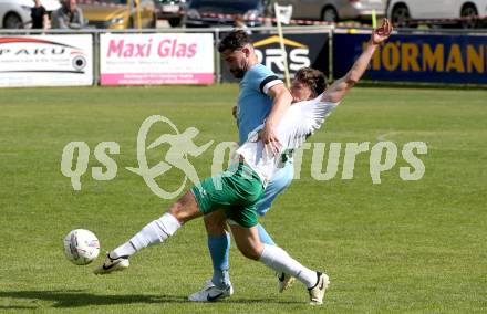 Fussball Kaerntner Liga. Bleiburg gegen Voelkermarkt.  Dominik Peketz (Bleiburg), Oliver Kuester   (Voelkermarkt). Bleiburg, am 17.5.2025.
Foto: Kuess
---
pressefotos, pressefotografie, kuess, qs, qspictures, sport, bild, bilder, bilddatenbank