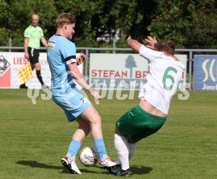 Fussball Kaerntner Liga. Bleiburg gegen Voelkermarkt.  Fabian Doerflinger (Bleiburg), Lukas Ladinig   (Voelkermarkt). Bleiburg, am 17.5.2025.
Foto: Kuess
---
pressefotos, pressefotografie, kuess, qs, qspictures, sport, bild, bilder, bilddatenbank