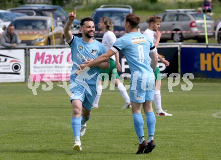 Fussball Kaerntner Liga. Bleiburg gegen Voelkermarkt. Torjubel Dominik Peketz  (Bleiburg),    Bleiburg, am 17.5.2025.
Foto: Kuess
---
pressefotos, pressefotografie, kuess, qs, qspictures, sport, bild, bilder, bilddatenbank