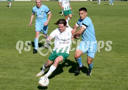 Fussball Kaerntner Liga. Bleiburg gegen Voelkermarkt.  Lazar Gacic (Bleiburg),   Raphael Lukas Kulterer (Voelkermarkt). Bleiburg, am 17.5.2025.
Foto: Kuess
---
pressefotos, pressefotografie, kuess, qs, qspictures, sport, bild, bilder, bilddatenbank