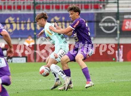 Fussball Bundesliga. SK Austria Klagenfurt gegen Hartberg. Matteo Kitz,  (SK Austria Klagenfurt), Muharem Huskovic (Hartberg). Klagenfurt, am 23.5.2025.
Foto: Kuess
www.qspictures.net
---
pressefotos, pressefotografie, kuess, qs, qspictures, sport, bild, bilder, bilddatenbank