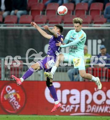 Fussball Bundesliga. SK Austria Klagenfurt gegen Hartberg. David Toshevski,  (SK Austria Klagenfurt), Damjan Kovacevic (Hartberg). Klagenfurt, am 23.5.2025.
Foto: Kuess
www.qspictures.net
---
pressefotos, pressefotografie, kuess, qs, qspictures, sport, bild, bilder, bilddatenbank