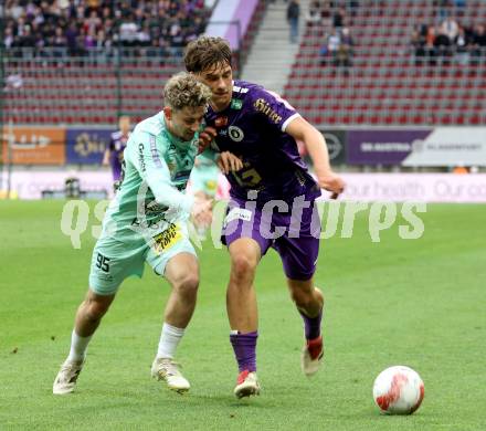 Fussball Bundesliga. SK Austria Klagenfurt gegen Hartberg. Matteo Kitz,  (SK Austria Klagenfurt), Damian Kovacevic (Hartberg). Klagenfurt, am 23.5.2025.
Foto: Kuess
www.qspictures.net
---
pressefotos, pressefotografie, kuess, qs, qspictures, sport, bild, bilder, bilddatenbank