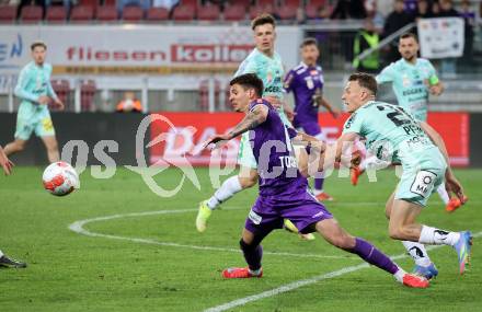 Fussball Bundesliga. SK Austria Klagenfurt gegen TSV Hartberg. David Toshevski  (SK Austria Klagenfurt),  Manuel Pfeifer (Hartberg). Klagenfurt, am 23.5.2025.
Foto: Kuess
www.qspictures.net
---
pressefotos, pressefotografie, kuess, qs, qspictures, sport, bild, bilder, bilddatenbank