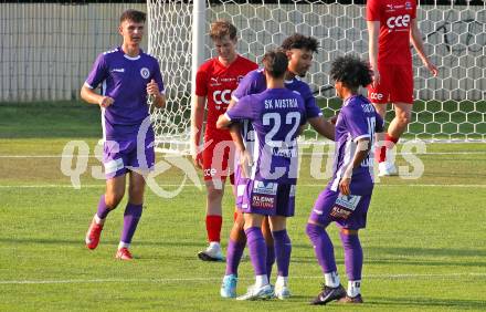 Fussball Testspiel. St. Veit gegen SK Austria Klagenfurt.  Torjubel Naldo Apericido, Tristan Schoppitsch (Klagenfurt).  St. Veit, am 25.6.2025.
Foto: Kuess
---
pressefotos, pressefotografie, kuess, qs, qspictures, sport, bild, bilder, bilddatenbank