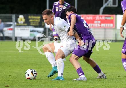 Fussball Testspiel. Velden gegen SK Austria Klagenfurt. Tom Zurga  (Velden),  Almir Oda  (Klagenfurt). Velden, am 18.7.2025.
Foto: Kuess
www.qspictures.net
---
pressefotos, pressefotografie, kuess, qs, qspictures, sport, bild, bilder, bilddatenbank