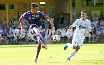 Fussball Testspiel. Velden gegen SK Austria Klagenfurt. Tom Zurga  (Velden),   Aidan Liu (Klagenfurt). Velden, am 18.7.2025.
Foto: Kuess
www.qspictures.net
---
pressefotos, pressefotografie, kuess, qs, qspictures, sport, bild, bilder, bilddatenbank