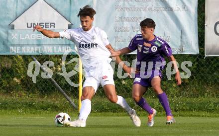 Fussball Testspiel. Velden gegen SK Austria Klagenfurt.  Thorsten Mahrer (Velden),  Alexander Ranacher  (Klagenfurt). Velden, am 18.7.2025.
Foto: Kuess
www.qspictures.net
---
pressefotos, pressefotografie, kuess, qs, qspictures, sport, bild, bilder, bilddatenbank