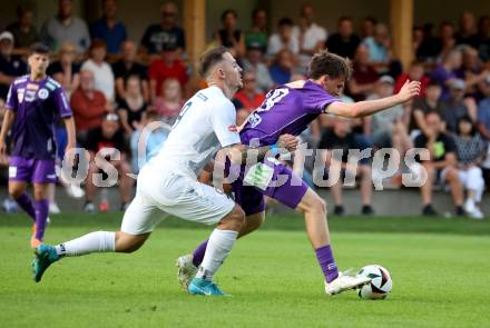 Fussball Testspiel. Velden gegen SK Austria Klagenfurt.  Tom Zurga  (Velden),   Matthias Dollinger  (Klagenfurt). Velden, am 18.7.2025.
Foto: Kuess
www.qspictures.net
---
pressefotos, pressefotografie, kuess, qs, qspictures, sport, bild, bilder, bilddatenbank