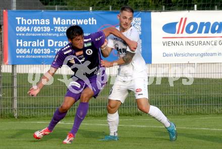 Fussball Testspiel. Velden gegen SK Austria Klagenfurt.  Tom Zurga (Velden), Aida Liu  (Klagenfurt). Velden, am 18.7.2025.
Foto: Kuess
www.qspictures.net
---
pressefotos, pressefotografie, kuess, qs, qspictures, sport, bild, bilder, bilddatenbank