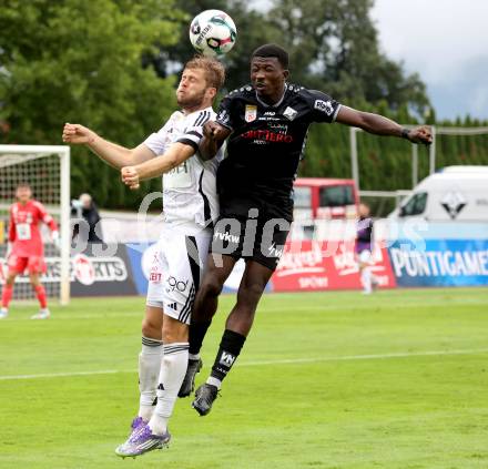 Fussball Bundesliga. Wolfsberger AC  gegen SCR Altach.  Dominik Baumgartner  (Wolfsberg),   Ousmane Diawara (Altach). Wolfsberg, am 2.8..2025.
Foto: Kuess
www.qspictures.net
---
pressefotos, pressefotografie, kuess, qs, qspictures, sport, bild, bilder, bilddatenbank