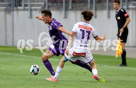 Fussball 2. Liga. SK Austria Klagenfurt gegen Young Violett Austria Wien.  Michael Lang (Klagenfurt),    Marijan Oesterreicher (Wien). Klagenfurt, 8.8.2025.
Foto: Kuess
www.qspictures.net
---
pressefotos, pressefotografie, kuess, qs, qspictures, sport, bild, bilder, bilddatenbank