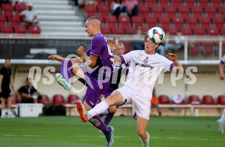 Fussball 2. Liga. SK Austria Klagenfurt gegen Young Violett Austria Wien.  Bartol Barisic (Klagenfurt),  Nicola Wojnar  (Wien). Klagenfurt, 8.8.2025.
Foto: Kuess
www.qspictures.net
---
pressefotos, pressefotografie, kuess, qs, qspictures, sport, bild, bilder, bilddatenbank